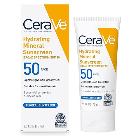 CeraVe Mineral Shield SPF 50 Sunscreen – 100% Zinc & Titanium Protection | Oil-Free Face Sunscreen with Hyaluronic Acid, Niacinamide & Ceramides | Travel Size (2.5oz)