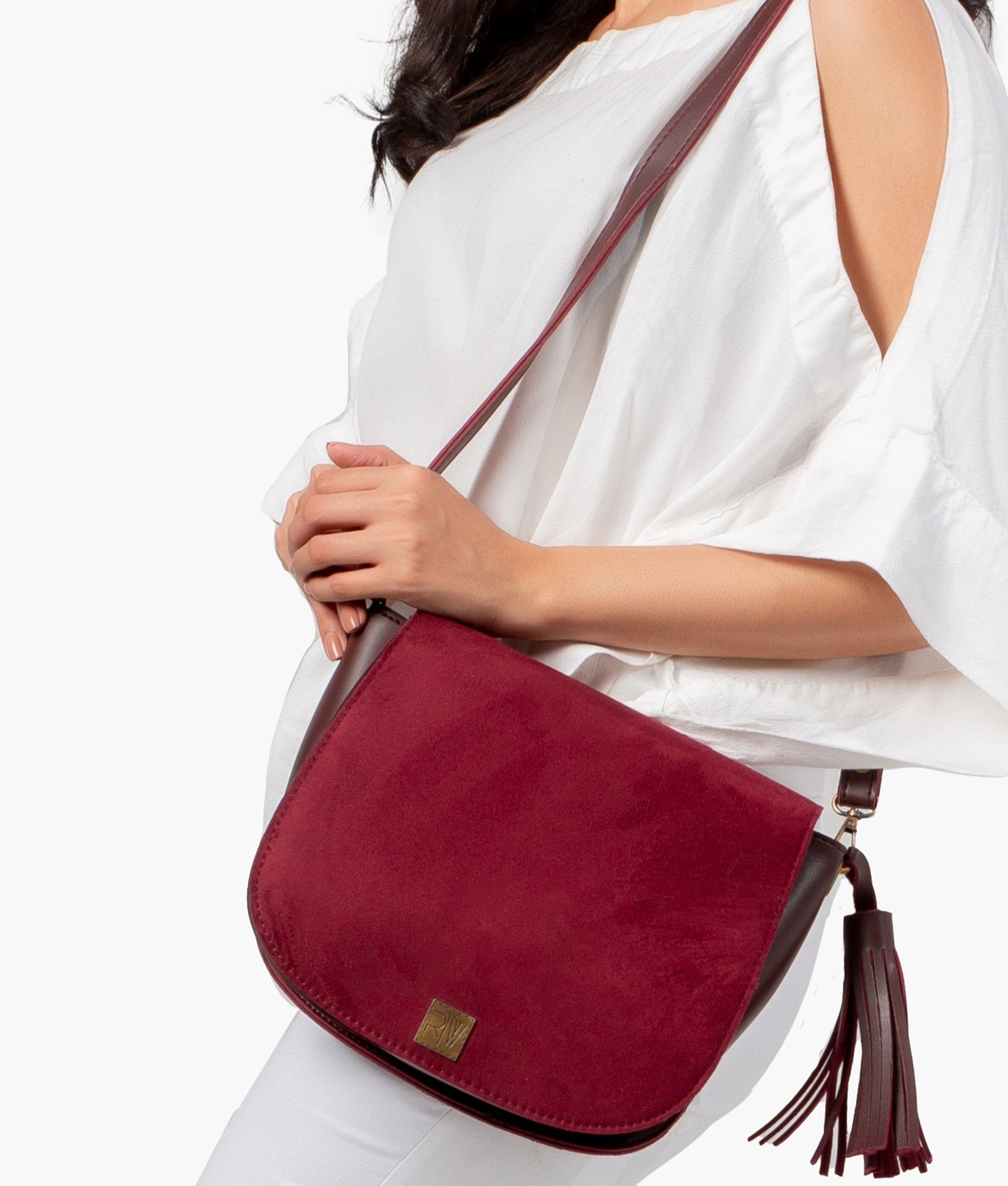 LumaVex - Burgundy suede foldover saddle bag