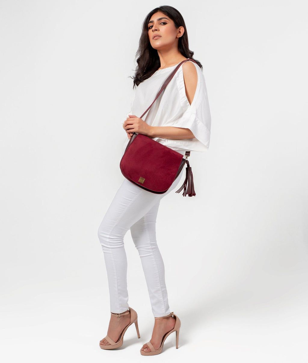LumaVex - Burgundy suede foldover saddle bag
