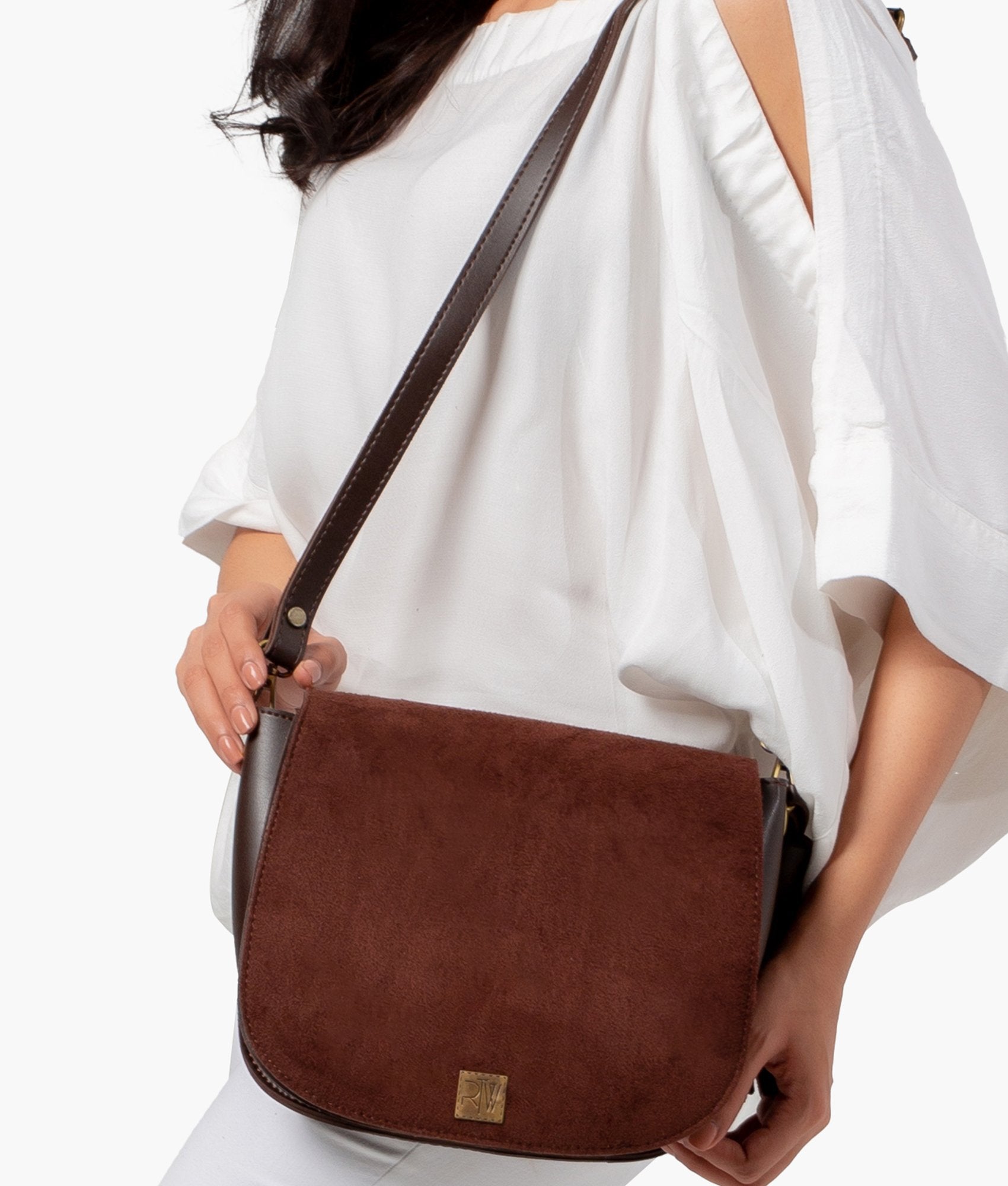 LumaVex - Dark brown suede foldover saddle bag