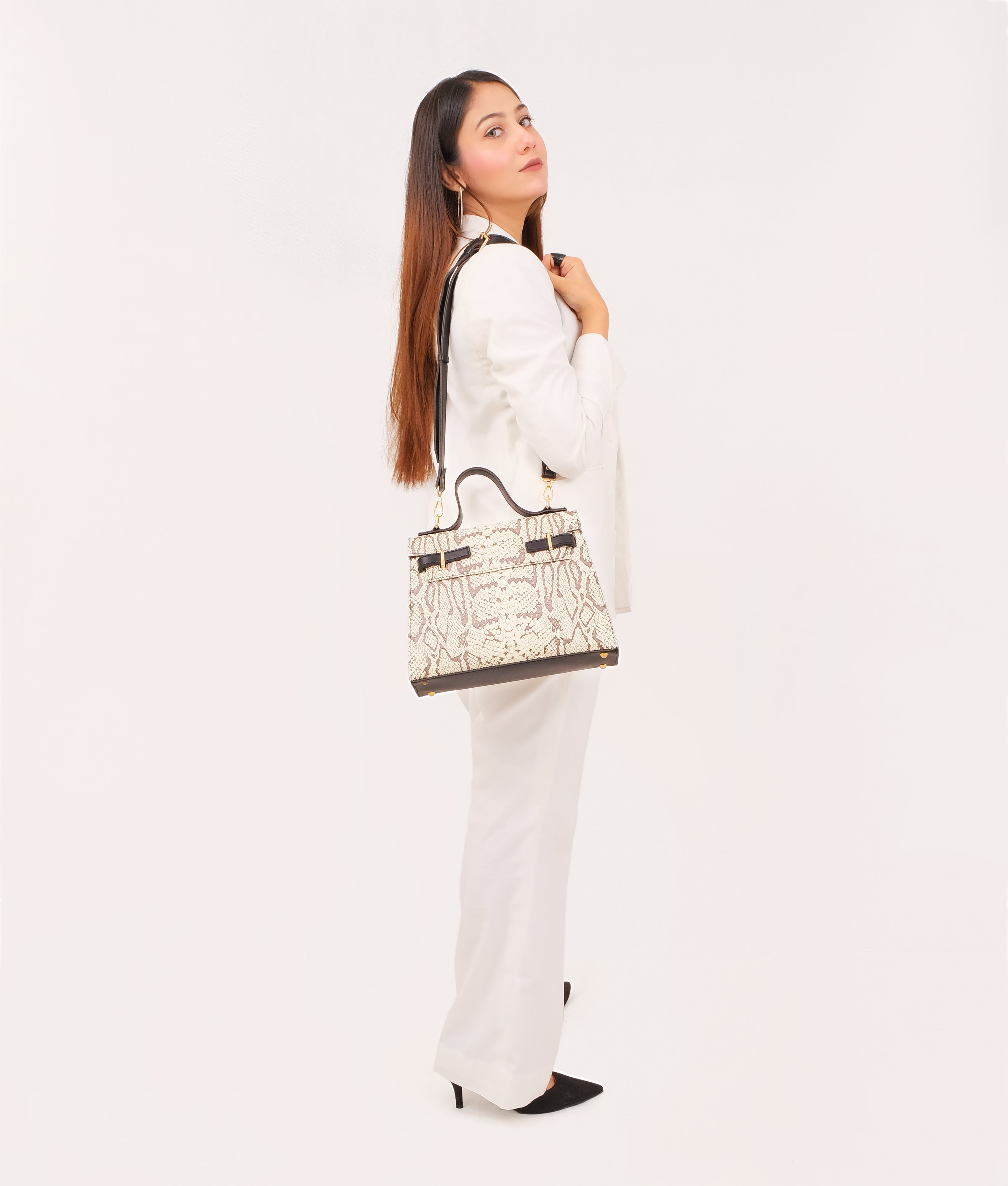 LumaVex - Black and white crocodile cross-body bag with top-handle