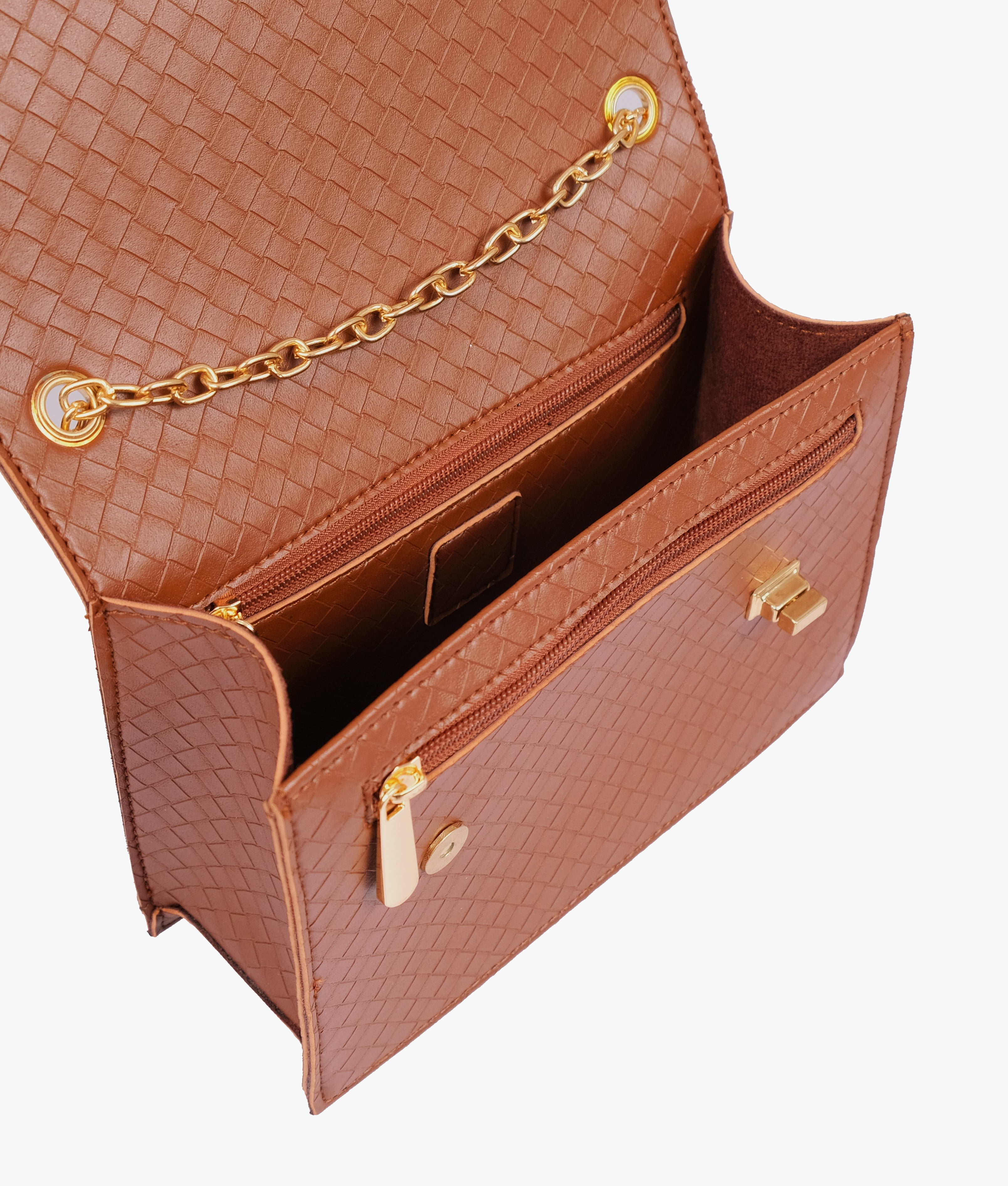 LumaVex - Brown weaved chain shoulder bag with twist lock