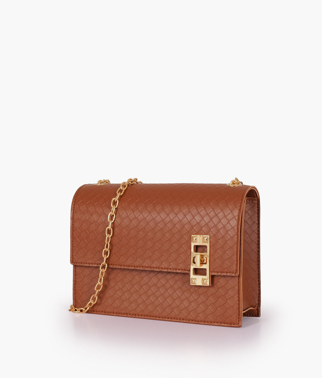 LumaVex - Brown weaved chain shoulder bag with twist lock
