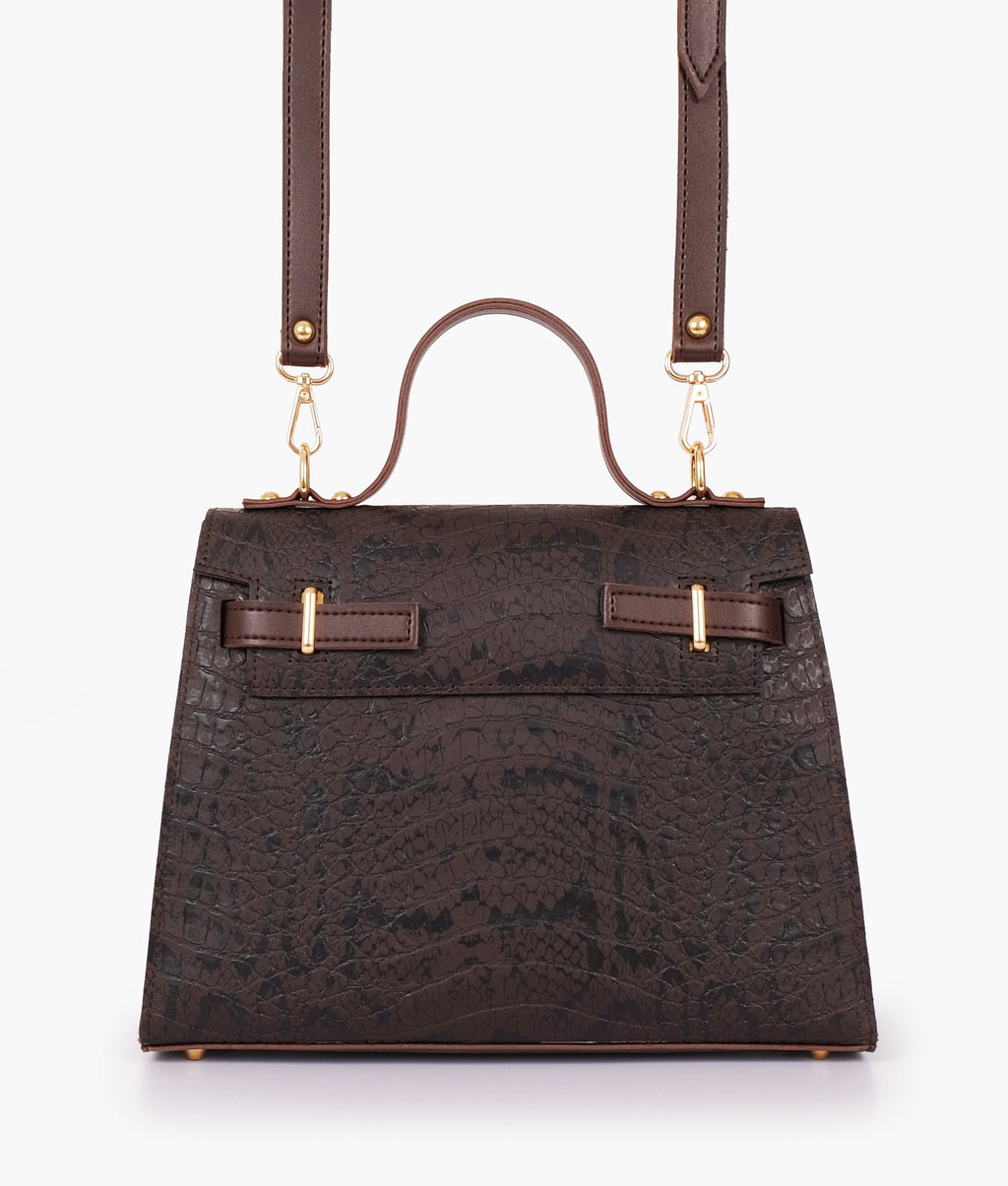 LumaVex - Dark brown crocodile cross-body bag with top-handle