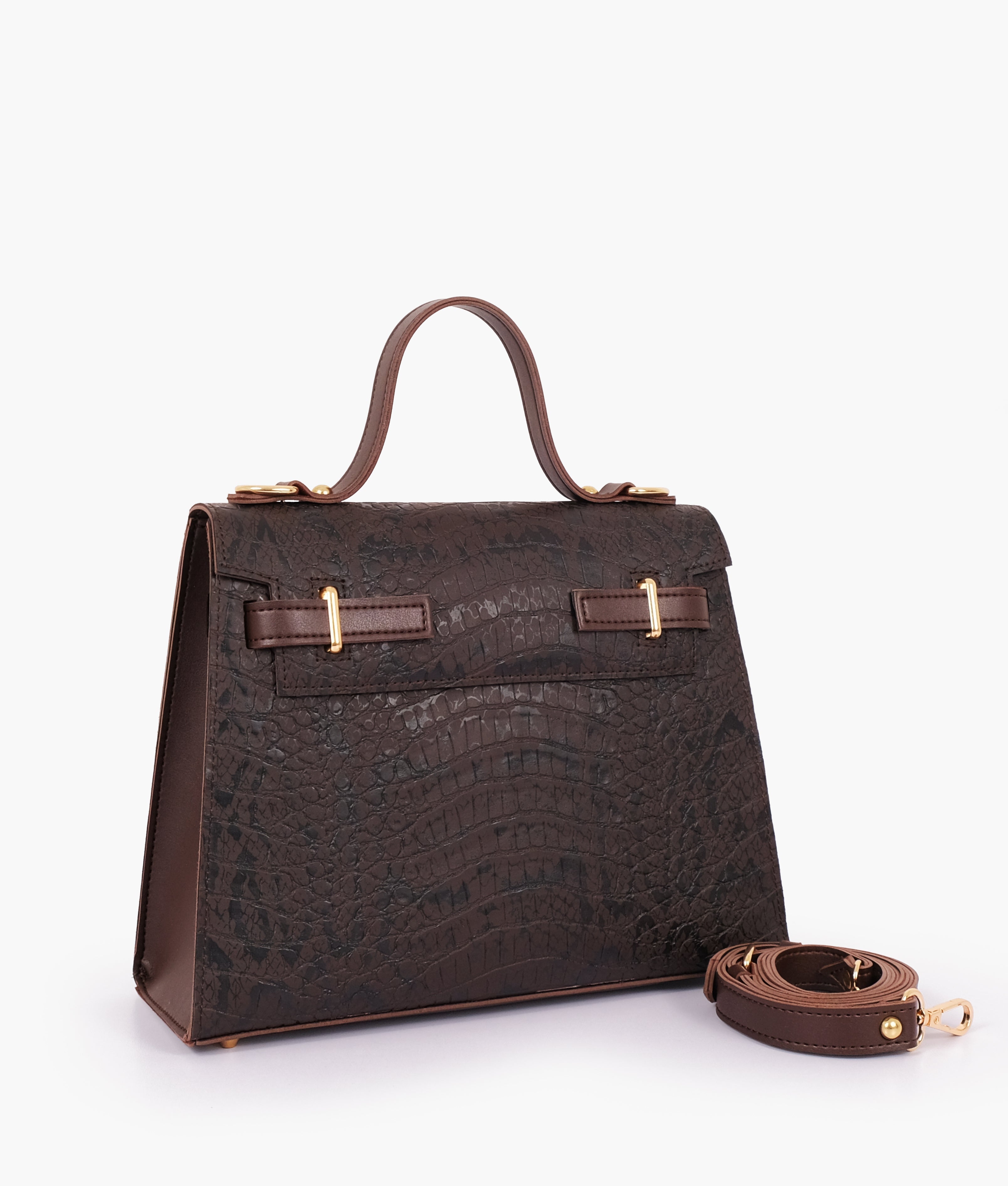 LumaVex - Dark brown crocodile cross-body bag with top-handle