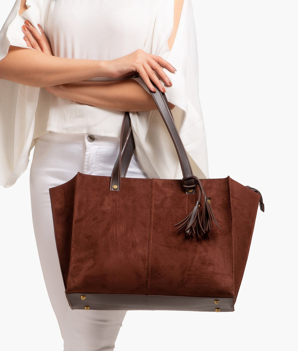 LumaVex - Dark brown suede over the shoulder tote bag