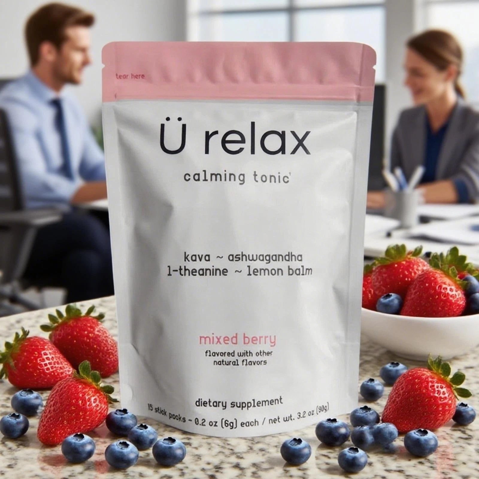 Calm & Relax Herbal Drink Mix – Stress Support Powder with Kava, Ashwagandha & L-Theanine – Mixed Berry Flavor (15 Stick Packs)